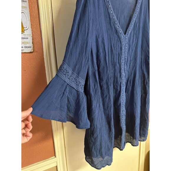 Blue Boho 30/32 Chic Eyelet Lace V-Neck Tunic Flowy Bell Sleeves & Intricate Tex - Picture 5 of 7
